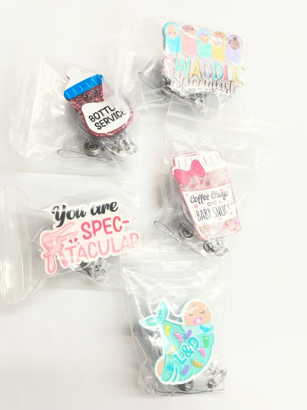 Cute Nursery Badge Reel Set - Pastel Pink, Blue, Teal, White